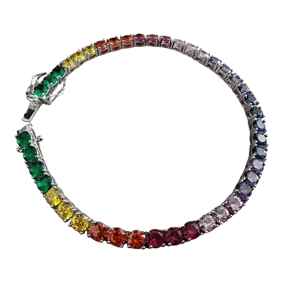 PAJ Signed Sterling Silver Rainbow Tennis Bracelet | .925 Multi-Color Gemstones - Picture 5 of 9